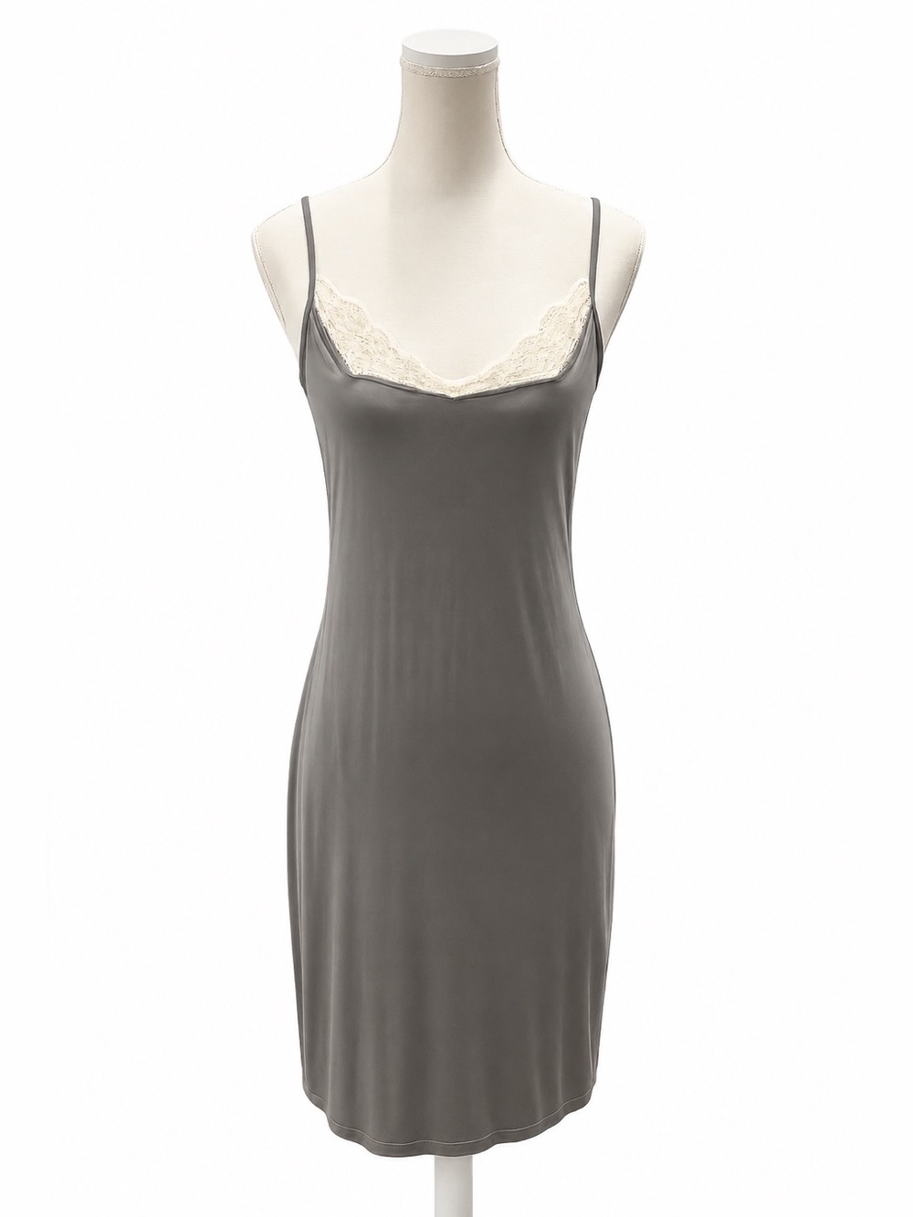 Hanro Silver Gray Lace Trim Chemise Slip Dress Nightgown Sz S